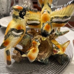Ceramic Yellow & Orange Bird Family Figurine - Decorative Bird Nest